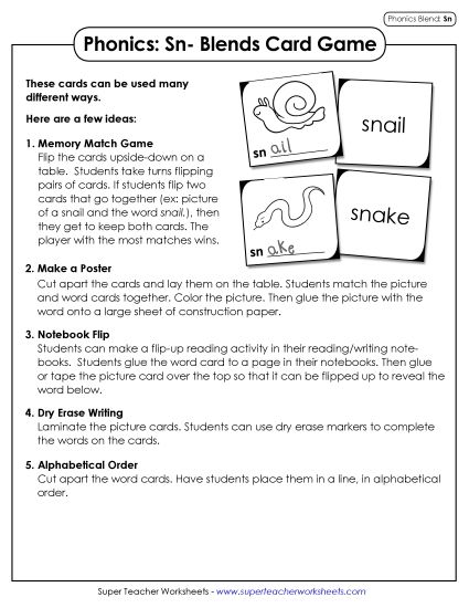 Games & Learning Centers - Phonics Card game (Sn- Words)  (Printable PDF Worksheet)