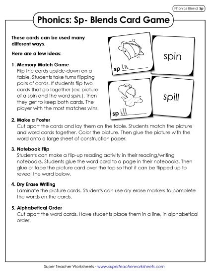 Games & Learning Centers - Phonics Card Game (Sp- Words) (Printable PDF Worksheet)