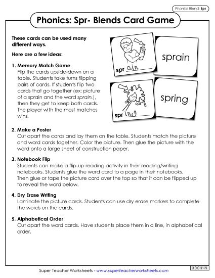 Games and Learning Centers - Phonics Card Game (Spr- Blends) (Printable PDF Worksheet)