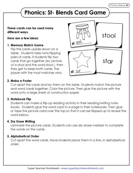 Games & Learning Centers - Phonics Card Game (St- Blends) (Printable PDF Worksheet)