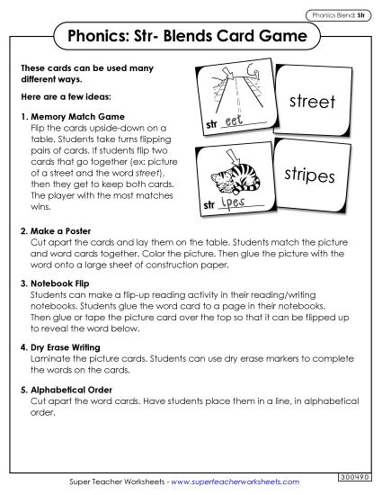 Games and Learning Centers - Phonics Card Game (Str- Blends) (Printable PDF Worksheet)