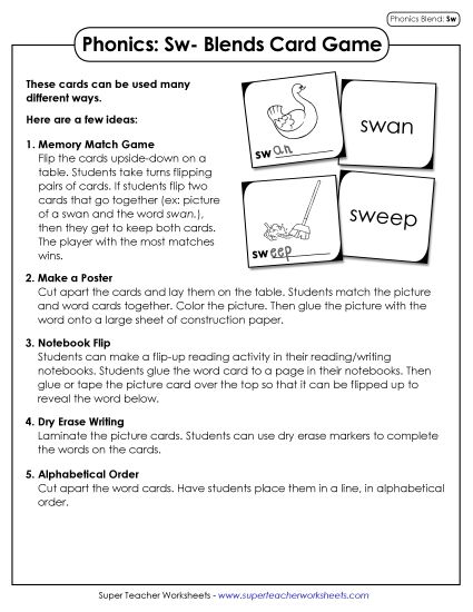 Games & Learning Center - Phonics Card Game (Sw- Words) (Printable PDF Worksheet)