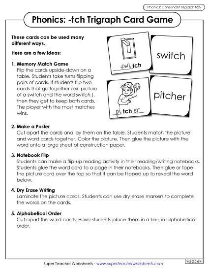 Games and Learning Centers - Phonics Card Game (-tch Trigraph) (Printable PDF Worksheet)