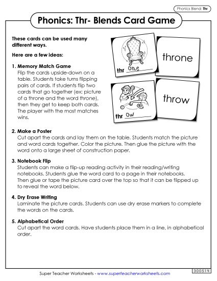 Games and Learning Centers - Phonics Card Game (Thr- Blends) (Printable PDF Worksheet)