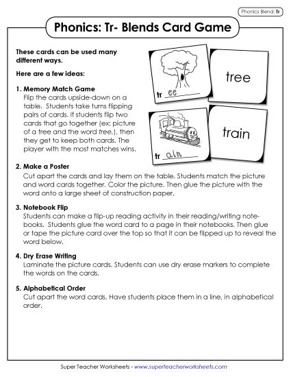 Games & Learning Centers - Phonics Card Game (Tr- Blends) (Printable PDF Worksheet)