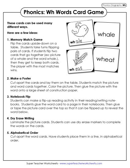 Games and Learning Centers - Phonics Card Game (WH) (Printable PDF Worksheet)