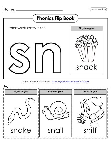 Cut and Glue Activities - Phonics Flip Book (Sn-) (Printable PDF Worksheet)