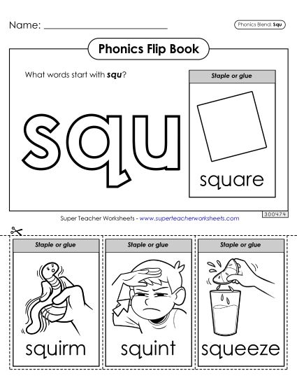 Cut-and-Glue Activities - Phonics Flip Book (Squ-) (Printable PDF Worksheet)
