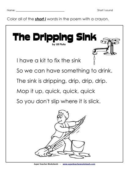 Kindergarten - 1st Grade  Phonics Poems - Phonics Poem: Dripping Sink (Printable PDF Worksheet)
