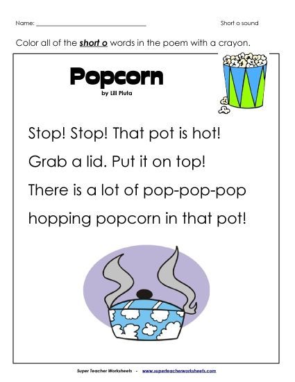 Kindergarten - 1st Grade  Phonics Poems - Phonics Poem: Popcorn (Printable PDF Worksheet)