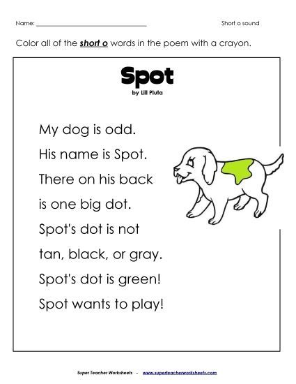 Kindergarten - 1st Grade  Phonics Poems - Phonics Poem: Spot (Printable PDF Worksheet)