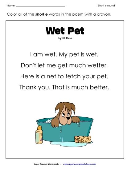 Kindergarten - 1st Grade  Phonics Poems - Phonics Poem: Wet Pet (Printable PDF Worksheet)