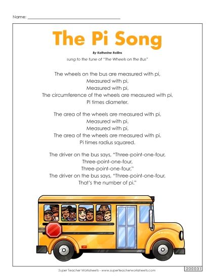 Pi Day Song (Printable PDF Worksheet)