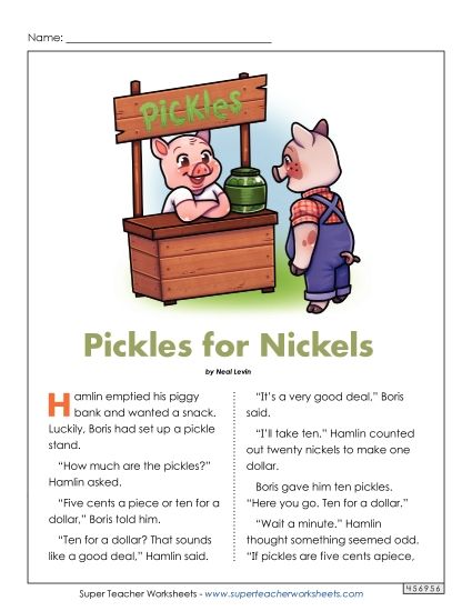 Fiction Stories - Pickles for Nickels (Fiction) (Printable PDF Worksheet)