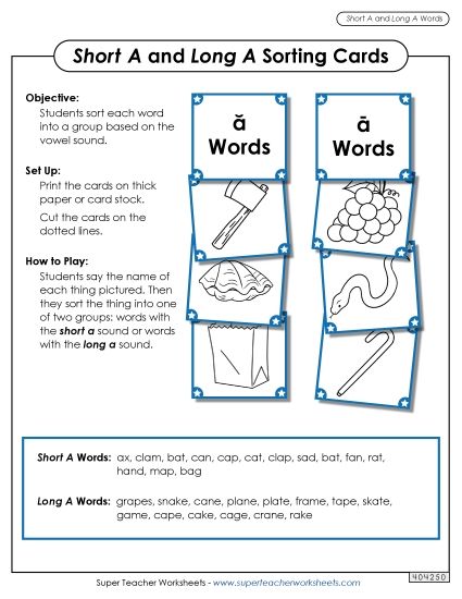 Picture Card Sort: Long A, Short A (Printable PDF Worksheet)
