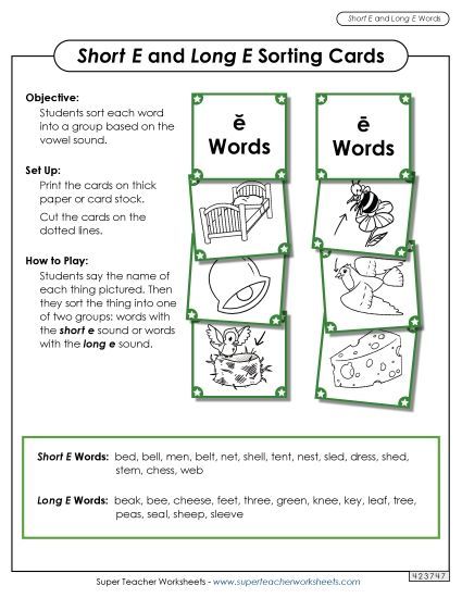 Picture Card Sort: Long E, Short E (Printable PDF Worksheet)