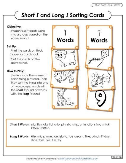Picture Card Sort: Long I, Short I (Printable PDF Worksheet)