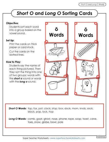 Picture Card Sort: Long O, Short O (Printable PDF Worksheet)