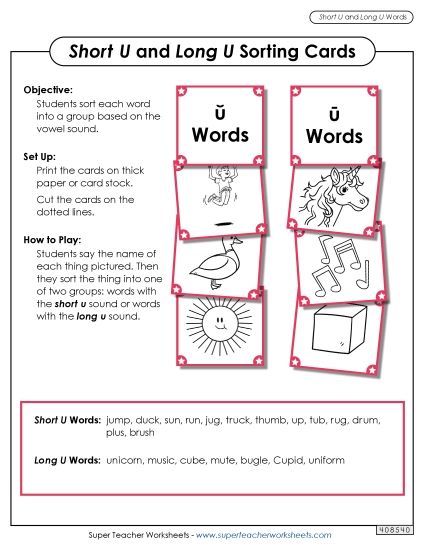 Picture Card Sort: Long U, Short U (Printable PDF Worksheet)