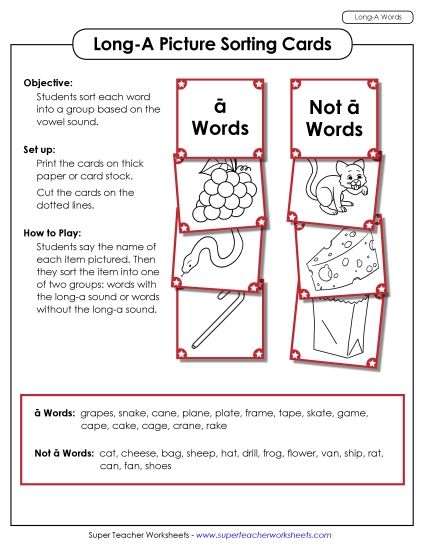 Games & Learning Centers - Picture Sorting Cards: (Long A Words) (Printable PDF Worksheet)