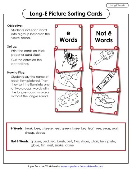 Games & Learning Centers - Picture Sorting Cards: (Long E Words) (Printable PDF Worksheet)