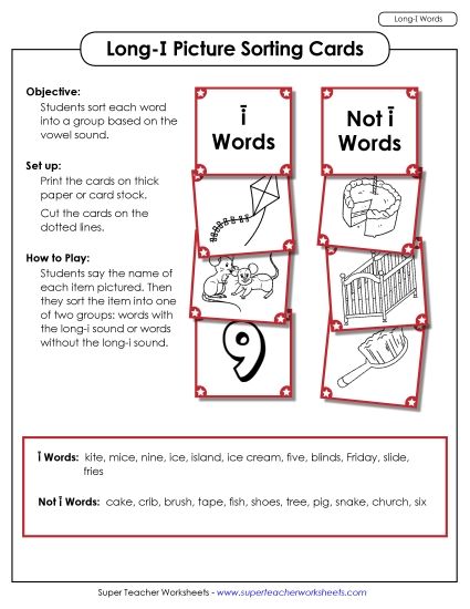 Games & Learning Centers - Picture Sorting Cards: (Long I Words) (Printable PDF Worksheet)