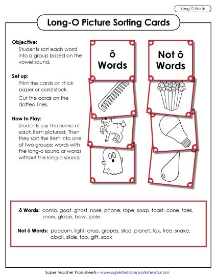 Games & Learning Centers - Picture Sorting Cards: (Long O Words) (Printable PDF Worksheet)