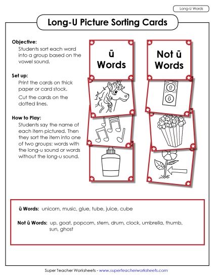 Games & Learning Centers - Picture Sorting Cards (Long U Words) (Printable PDF Worksheet)