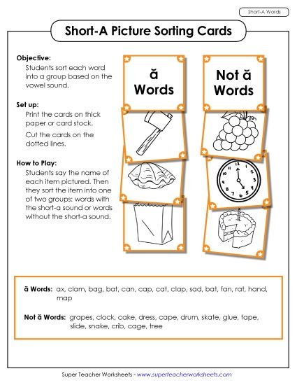 Games & Learning Centers - Picture Sorting Cards: (Short A Words) (Printable PDF Worksheet)