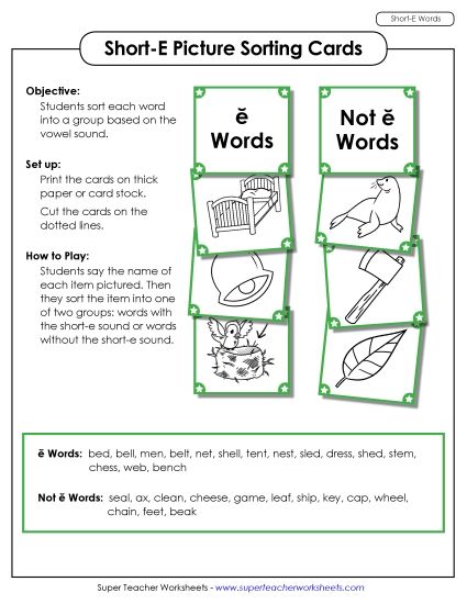 Games & Learning Centers - Picture Sorting Cards: (Short E Words) (Printable PDF Worksheet)