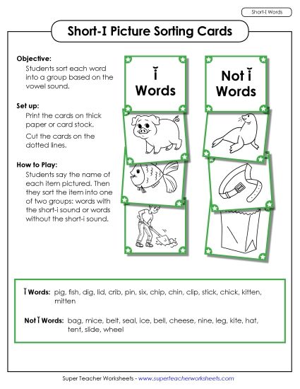 Games and Learning Centers - Picture Sorting Cards: (Short I Words) (Printable PDF Worksheet)