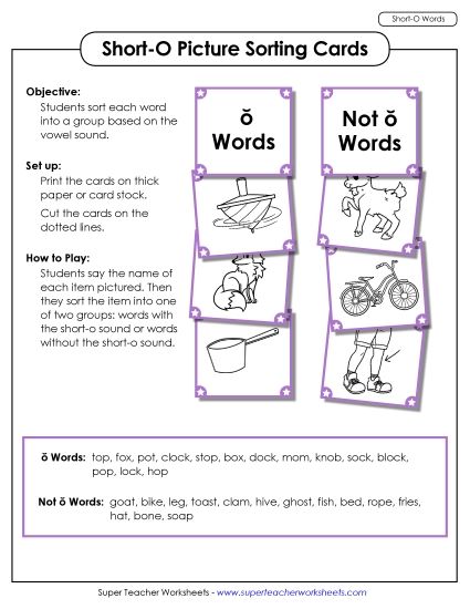 Games & Learning Centers - Picture Sorting Cards: (Short O Words) (Printable PDF Worksheet)