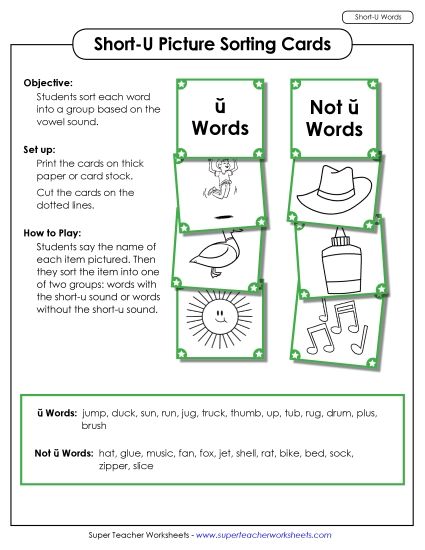 Games and Puzzles - Picture Sorting Cards: (Short U Words) (Printable PDF Worksheet)
