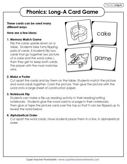 Games & Learning Centers - Picture-Word Match Game (Long A Words) (Printable PDF Worksheet)