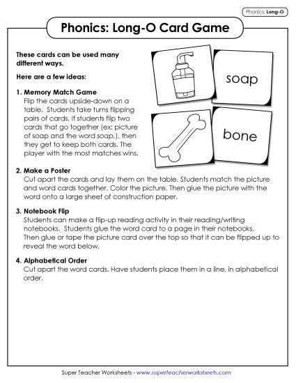 Games & Learning Centers - Picture-Word Match Game (Long O Words) (Printable PDF Worksheet)