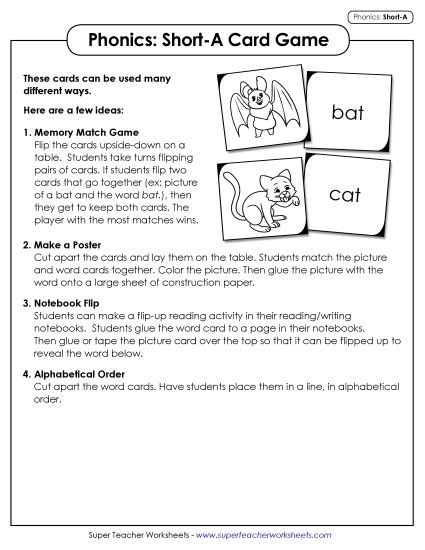 Games & Learning Centers - Picture-Word Match Game (Short A) (Printable PDF Worksheet)