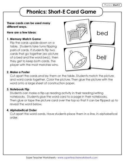 Games & Learning Centers - Picture-Word Match Game (Short E Words) (Printable PDF Worksheet)