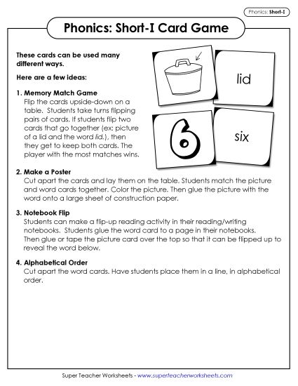 Games and Learning Centers - Picture-Word Match Game (Short I Words) (Printable PDF Worksheet)