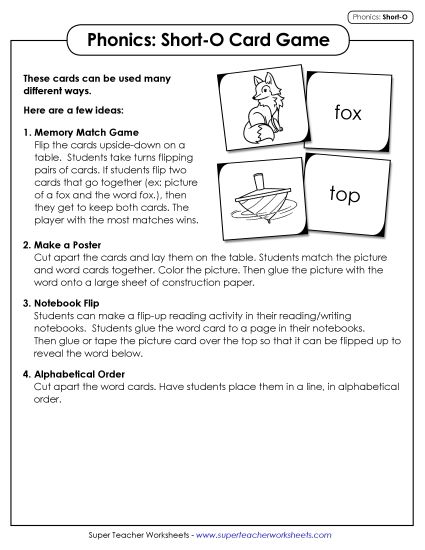 Games & Learning Centers - Picture-Word Match Game (Short O) (Printable PDF Worksheet)