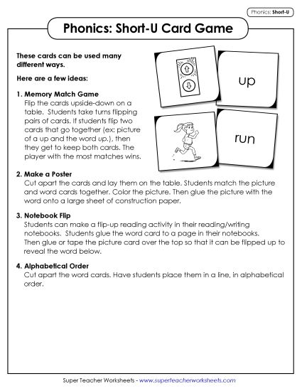 Games and Puzzles - Picture-Word Match Game (Short U) (Printable PDF Worksheet)