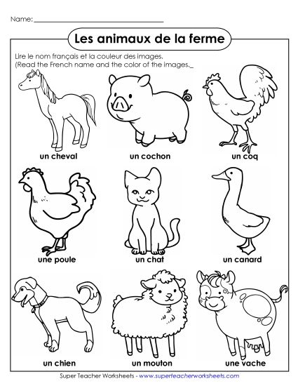 Farm Animals (Les animaux de la ferme) - Pictures: Farm Animals (Printable PDF Worksheet)