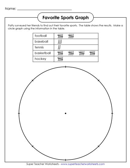 Pie Graphs: Basic (Fractions, No Percents) - Pie Graph: Sports (Printable PDF Worksheet)