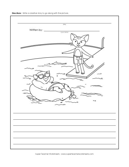 Story Pictures - Pig & Cat in the Pool (Printable PDF Worksheet)