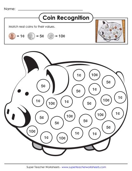 Pennies, Nickels, & Dimes (No Quarters) - Piggy Bank: Sorting Real Coins (Basic) (Printable PDF Worksheet)
