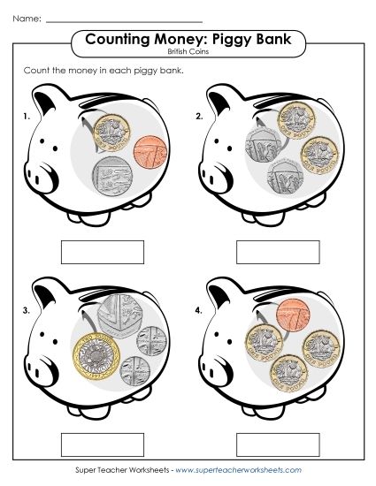 Modern Coins - Piggy Banks (British) (Printable PDF Worksheet)