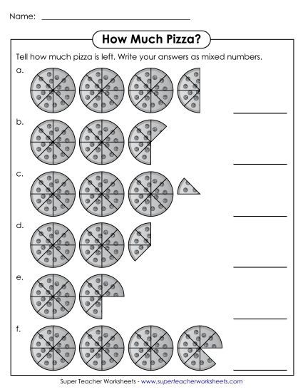Mixed Numbers (Basic Concept) - Pizza - Mixed Numbers (Printable PDF Worksheet)