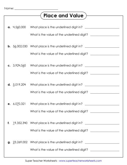 Place Value - Place and Value Worksheet (8-Digits) (Printable PDF Worksheet)