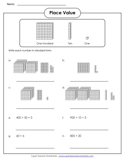 Place Value - Place Value Blocks (3-digit numbers) (Printable PDF Worksheet)