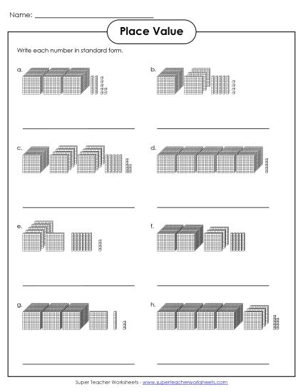 Place Value - Place Value Blocks (4-digit numbers) (Printable PDF Worksheet)