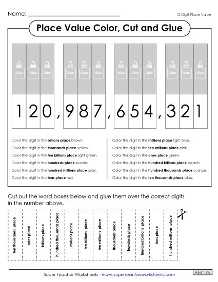 More Than 10 Digits - Place Value Color, Cut & Glue (12-Digits) (Printable PDF Worksheet)